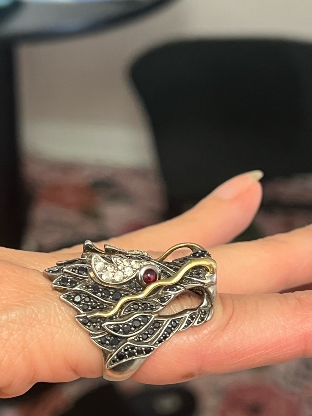 John Hardy Silver Naga Dragon Ring with Gold Accents and Ruby Gem Eyes - Picture 2 of 12